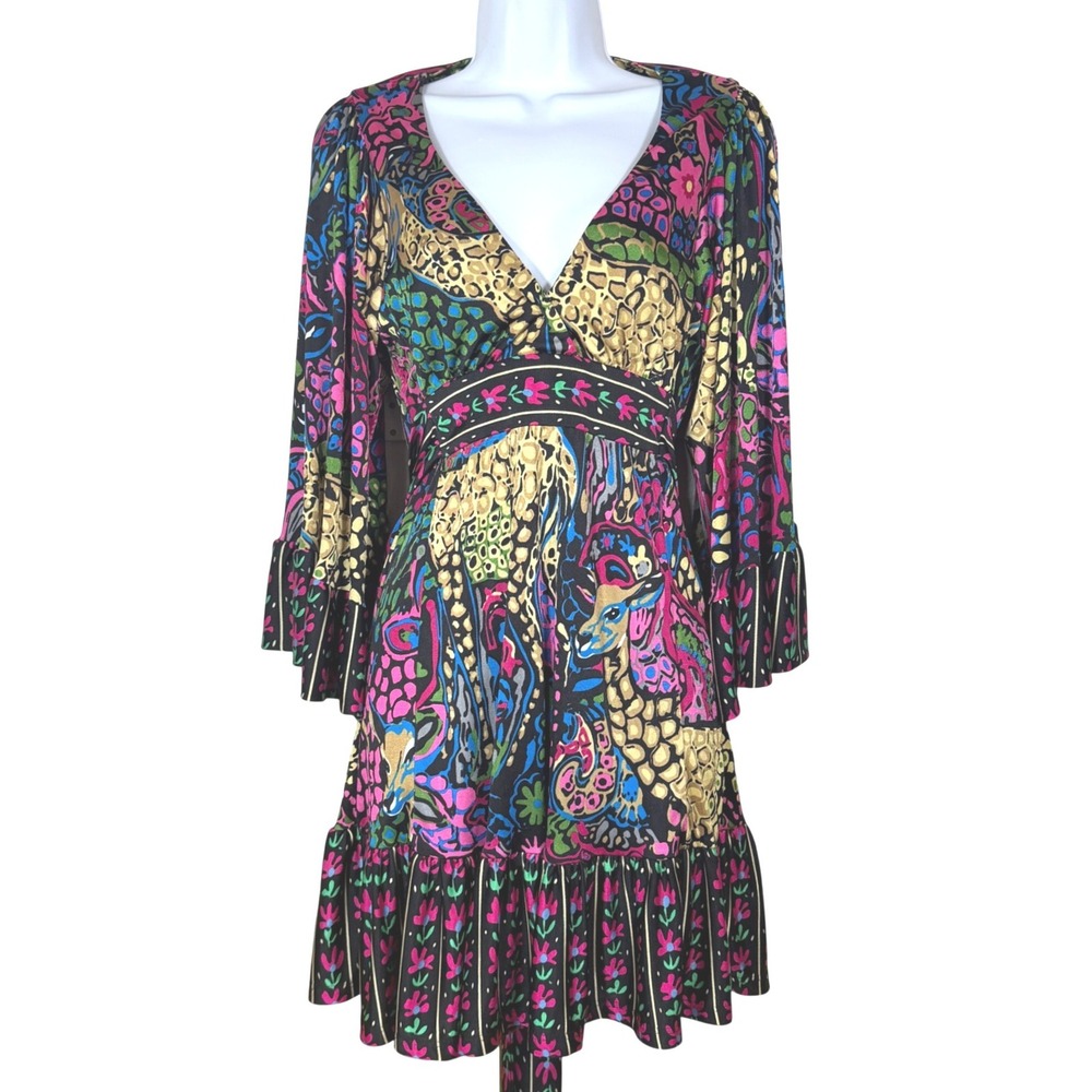 Vintage Y2K Betsey Johnson Bambi Dress Womens 2 Bell Sleeve Psychedelic Animal